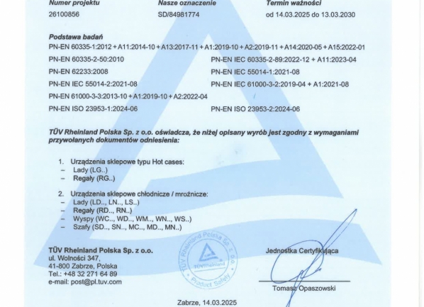 Cертификат соответствия  TUV - PL